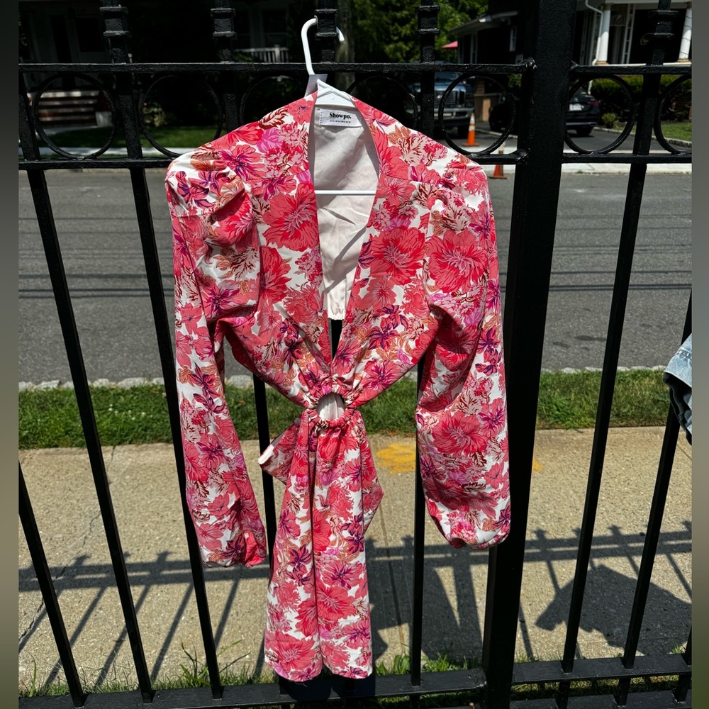 Floral Pink Long Sleeve Mini Dress with Cutout Details - Picture 2 of 6